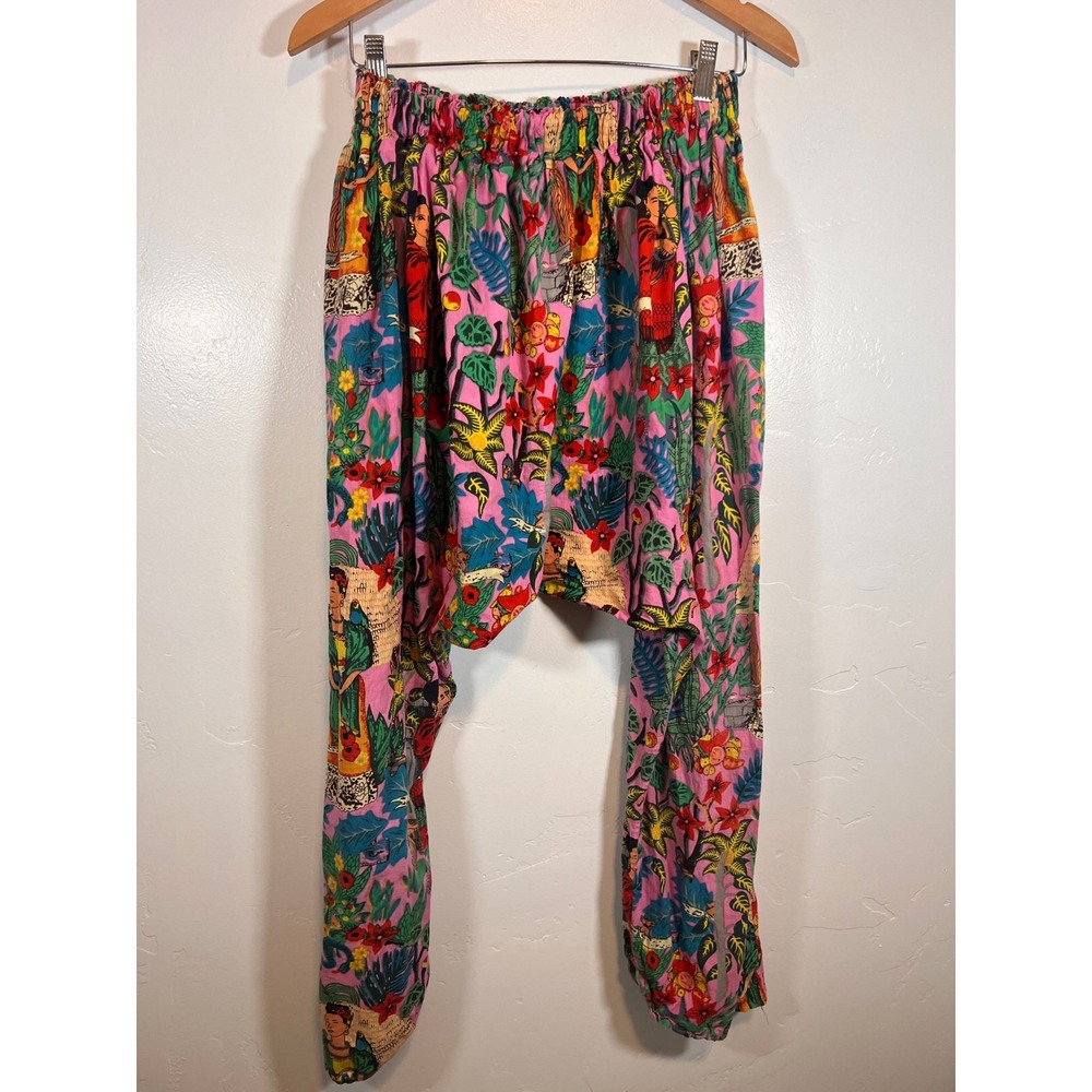 RitaNoTiara Harem Pants Womens Pink Frida Kahlo Graphic Print Dropped Crotch